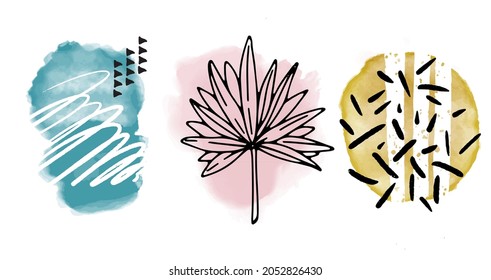 Vivid leaves doodles creative minimalist art for wall decoration, postcard, social media,  brochure cover design in vector, Palm leaf, dots line