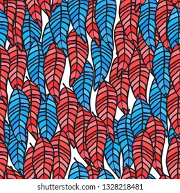 Vivid leaves floral pattern blue pink trendy colour. Vector leaves backdrop on a white. Decorative stripes zigzag geo ornament leafs. Abstract pattern allover surfing style. Shapes plant background