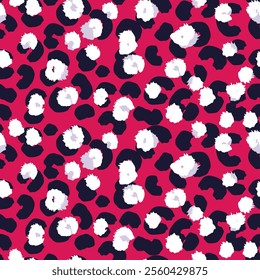 Vivid leopard inspired seamless pattern with bold black spots, white organic shapes on a red background. Abstract stylized print for fashion design, modern decor, and artistic branding projects.