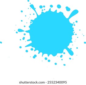 A tinta azul clara vívida salta e gira em um fundo branco, criando um efeito dinâmico e vibrante com uma mistura de cores e texturas