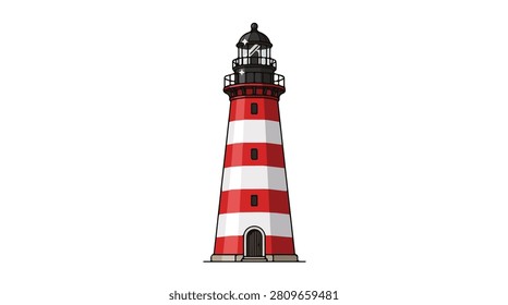 Vivid lighthouse with bold red and white stripes and a dark background highlighting its tall structure and coastal purpose
