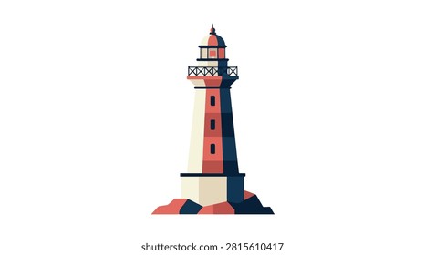 Vivid lighthouse featuring red white and blue stripes standing on rocky coastline with bright sky enhancing maritime safety and scenic coastal views
