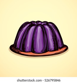 Vivid lilac tasty berry flavor jell torte on plate isolated on white backdrop. Vibrant Indigo color hand drawn picture in art doodle graphic style with space for text