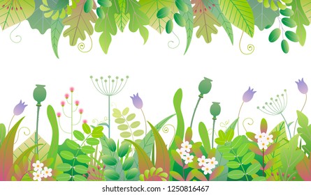 Vivid line horizontal floral pattern with colorful leaves, grass and flowers in two rows on white background. Floral seamless border with simple elements of spring plants. Vector flat illustration.