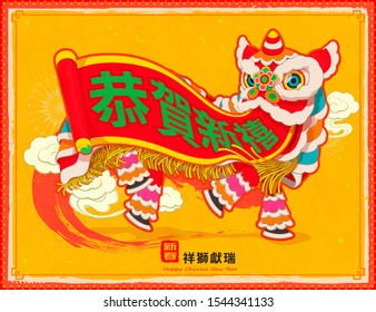 Vivid lion dance with Chinese new year auspicious greeting on scroll and the lucky lion brings prosperity in Chinese words