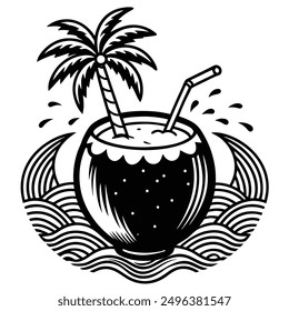 A vivid and lively illustration of a coconut on a beach, designed to be printed on a T-shirt.