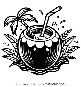 A vivid and lively illustration of a coconut on a beach, designed to be printed on a T-shirt.