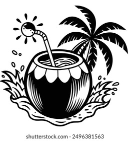 A vivid and lively illustration of a coconut on a beach, designed to be printed on a T-shirt.