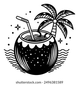 A vivid and lively illustration of a coconut on a beach, designed to be printed on a T-shirt.