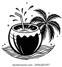 A vivid and lively illustration of a coconut on a beach, designed to be printed on a T-shirt.