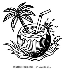 A vivid and lively illustration of a coconut on a beach, designed to be printed on a T-shirt.
