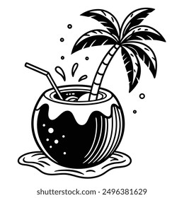 A vivid and lively illustration of a coconut on a beach, designed to be printed on a T-shirt.