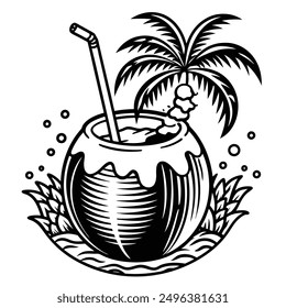 A vivid and lively illustration of a coconut on a beach, designed to be printed on a T-shirt.