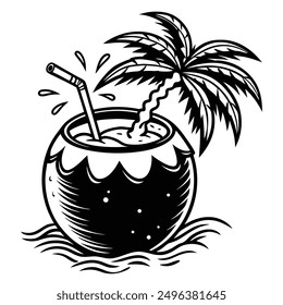 A vivid and lively illustration of a coconut on a beach, designed to be printed on a T-shirt.