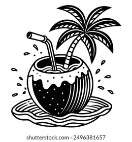 A vivid and lively illustration of a coconut on a beach, designed to be printed on a T-shirt.