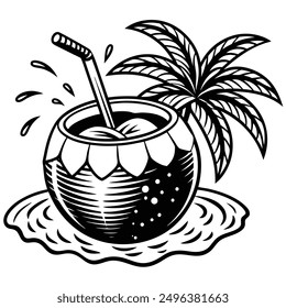 A vivid and lively illustration of a coconut on a beach, designed to be printed on a T-shirt.
