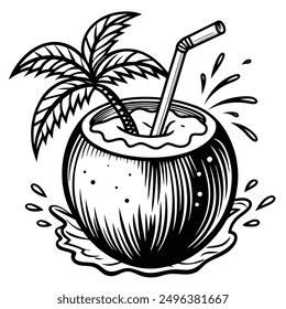 A vivid and lively illustration of a coconut on a beach, designed to be printed on a T-shirt.