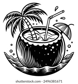 A vivid and lively illustration of a coconut on a beach, designed to be printed on a T-shirt.