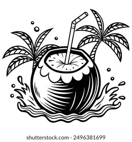 A vivid and lively illustration of a coconut on a beach, designed to be printed on a T-shirt.