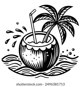 A vivid and lively illustration of a coconut on a beach, designed to be printed on a T-shirt.