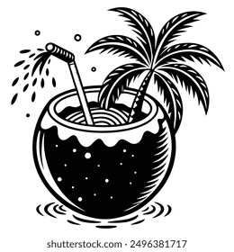 A vivid and lively illustration of a coconut on a beach, designed to be printed on a T-shirt.