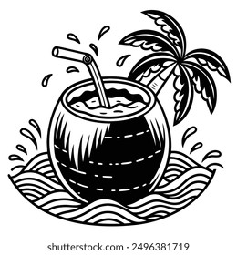 A vivid and lively illustration of a coconut on a beach, designed to be printed on a T-shirt.