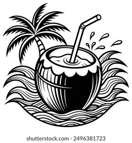 A vivid and lively illustration of a coconut on a beach, designed to be printed on a T-shirt.