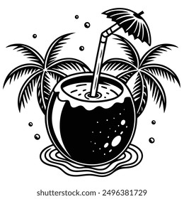A vivid and lively illustration of a coconut on a beach, designed to be printed on a T-shirt.