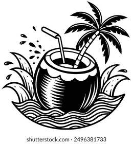 A vivid and lively illustration of a coconut on a beach, designed to be printed on a T-shirt.