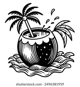 A vivid and lively illustration of a coconut on a beach, designed to be printed on a T-shirt.