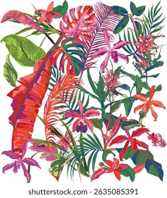 estampagem botânica tropical vívida e exuberante, folhagem colorida e flores exóticas, folhas tropicais monstera, banana, palma e samambaias emparelhadas com orquídeas vibrantes e lírios ricos, inspiração na selva