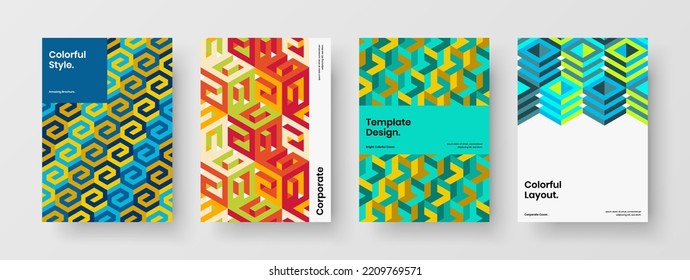 Vivid magazine cover A4 design vector layout set. Trendy mosaic shapes front page concept bundle.