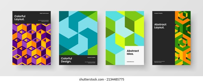 Vivid magazine cover vector design concept composition. Simple mosaic tiles corporate identity template set.