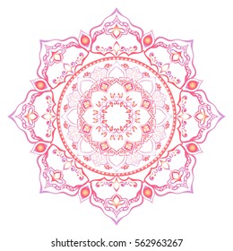Vivid mandala in pink colors. Round Ornament Pattern. Geometric circle element made in vector. Spiritual and ritual symbol of Islam, Arabic, Indian religions.  Oriental motifs.   