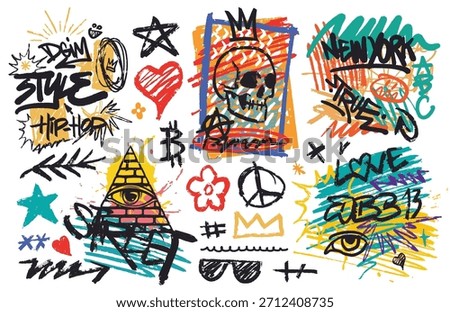 Vivid marker drawings showcase a blend of urban style and grunge texture. The artwork features symbols like a skull stars and geometric shapes. Colorful elements create a lively composition.