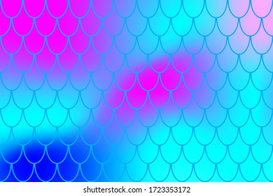 Vivid mermaid pattern on color gradient. Fish skin print. Abstract background with fishscale pattern. Summer party banner template. Optimistic backdrop for surface design. Marine fish scale card