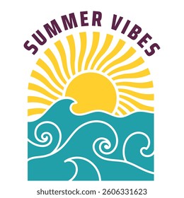 vivid minimalistic poster with sunbirst and ocean waves