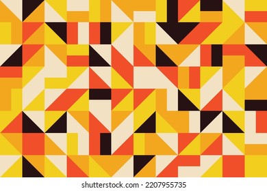 Vivid mixed of yellow, black, red and white color geometric seamless pattern. Bright geometry tracery abstract backdrop. Colorful treangle mosaic tileable background