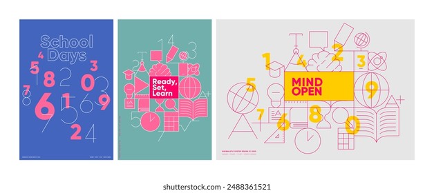 Vivid, modern back-to-school poster designs with dynamic numbers and inspiring phrases in vector style.