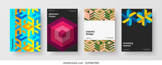 Vivid mosaic hexagons book cover layout composition. Fresh handbill A4 design vector illustration set.