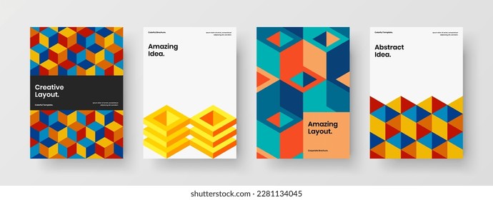 Vivid mosaic hexagons flyer layout collection. Abstract catalog cover design vector template set.