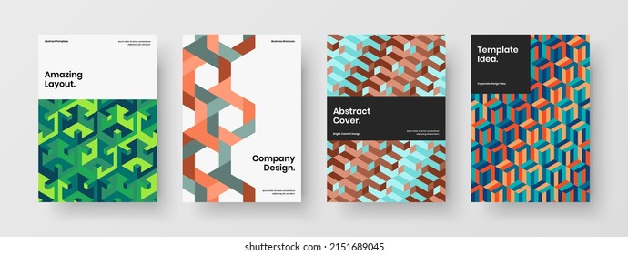 Vivid mosaic hexagons front page layout bundle. Creative journal cover A4 design vector illustration composition.