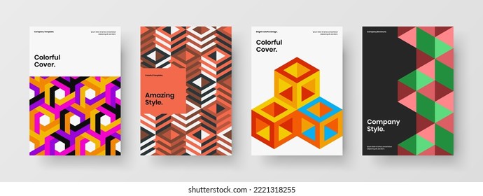 Vivid mosaic hexagons journal cover layout bundle. Clean handbill A4 design vector concept composition.