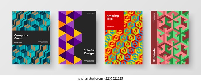 Vivid mosaic hexagons leaflet template collection. Bright magazine cover vector design concept bundle.