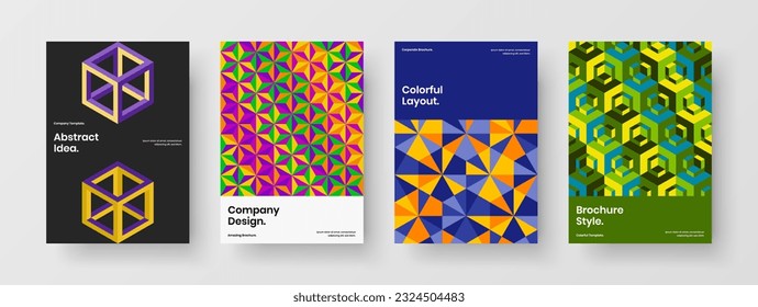 Conjunto de conceptos de tarjetas postales de mosaico Vivid hexagons. Conjunto de plantillas de vector de diseño A4 de la portada corporativa original.