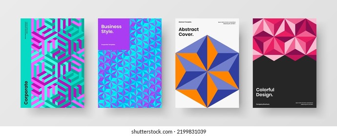 Vivid mosaic shapes postcard illustration set. Minimalistic catalog cover vector design concept composition.
