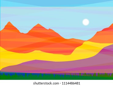 vivid mountain landscape vector illustration,  colorful forest and high peaks under blue sky