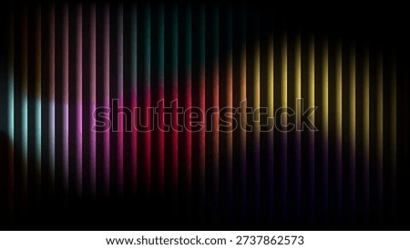 Vivid multicolor light bars forming a glowing spectrum on dark backdrop. Futuristic abstract composition perfect for music theme, technology concept, nightclub poster, and digital wallpaper.