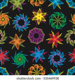 Vivid multicolored seamless pattern with abstract geometrical flowers or stars.