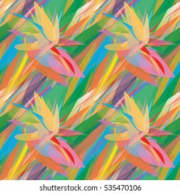 Vivid multicolored seamless pattern with abstract geometrical flowers.
